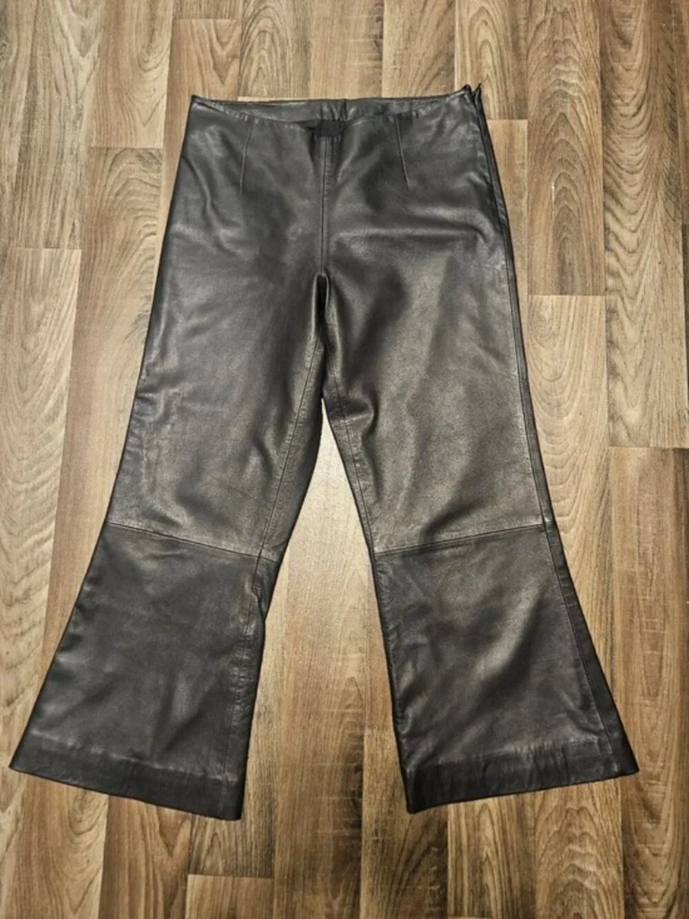 Just Female SZ L Black Zeus Lamb Leather Cropped Flare Side Zip Edgy Chic Pants